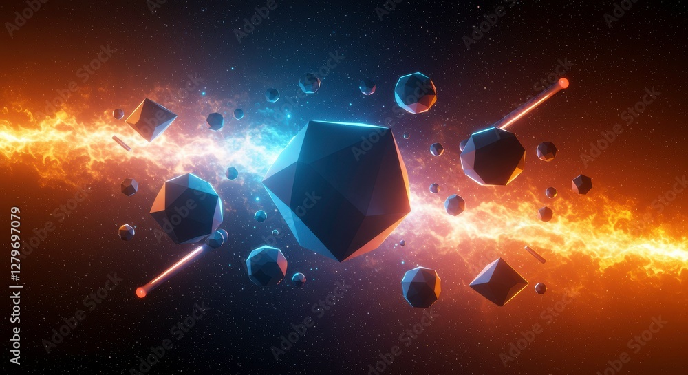 Poster geometric abundance: this image has polygonal elements with beams of light. it's a digital represent