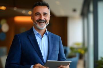 Confident Mature Businessman Holding Tablet with a Warm Smile, Demonstrating Success and Modern Technology in a Corporate Environment