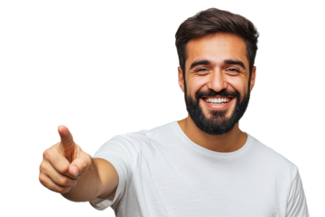 Man smiling and pointing at camera during daytime