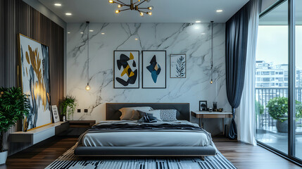 Contemporary Bedroom Design, Minimalist Style, Natural Light, and Artistic Accents for a Relaxing and Stylish Urban Living Space, Featuring Marble Wall