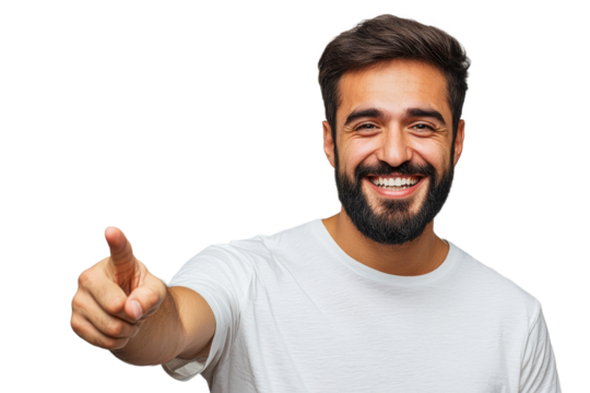 Man smiling and pointing at camera during daytime