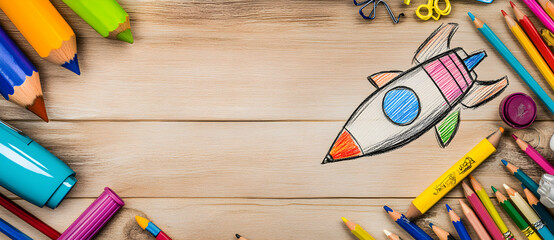 Creative Space Adventure, Hand-Drawn Rocket with Vibrant Pencils and Stationery on Light Wooden Surface, Inspiring Artistic Expression and Imaginative Journeys