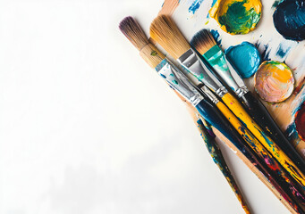 Creative mess of vibrant paints and brushes, An artist's palette showcasing a spectrum of colors and tools for artistic expression, ideal for creative projects