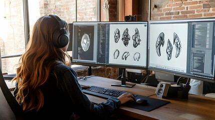 Creative woman immersed in designing 3D models on a multi-monitor setup, showcasing innovation, technology, and artistic vision in a modern workspace