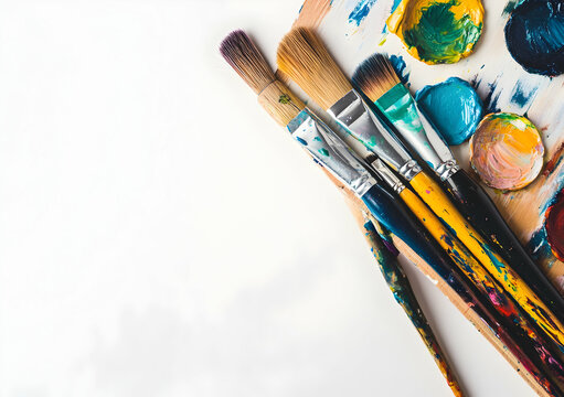 Creative mess of vibrant paints and brushes, An artist's palette showcasing a spectrum of colors and tools for artistic expression, ideal for creative projects