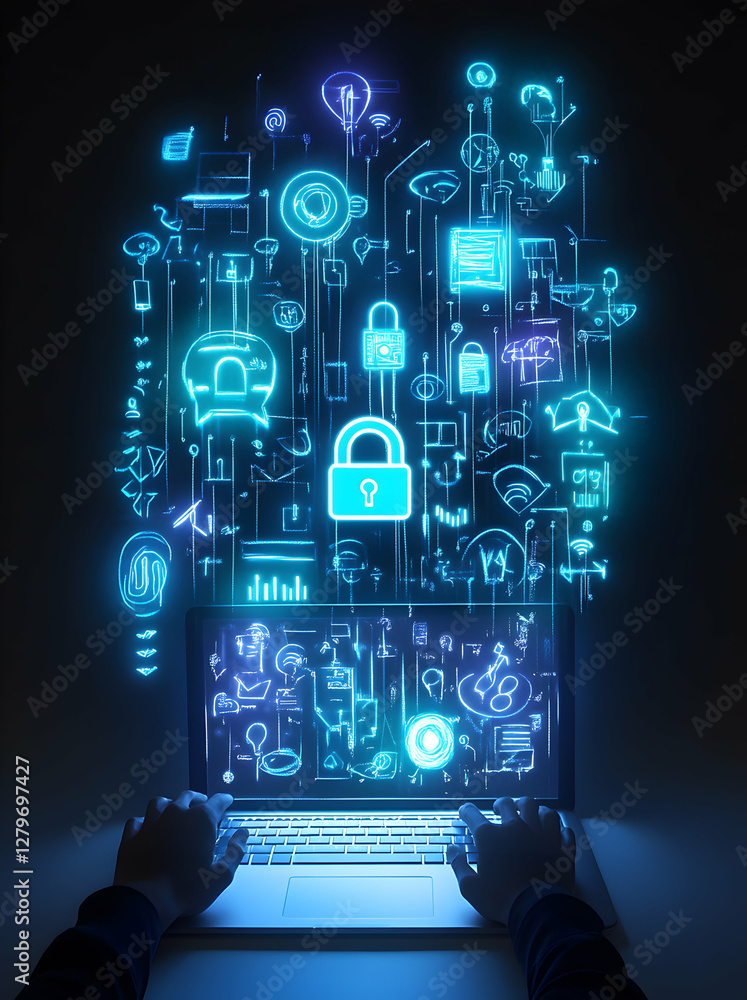 Aufkleber cybersecurity and data protection, conceptual illustration of digital security measures and encrypti