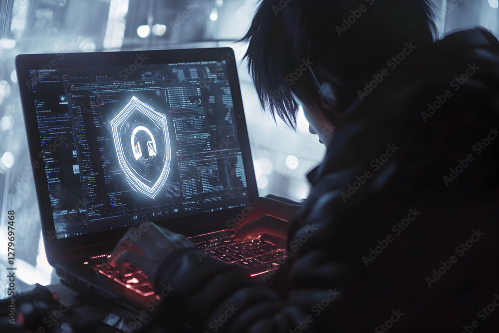 Poster cybersecurity expert working diligently to safeguard data and systems from cyber threats with advanc