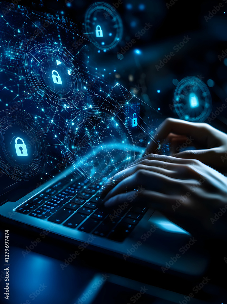 Poster cybersecurity expert working on a laptop ensuring data protection with advanced encryption, safeguar