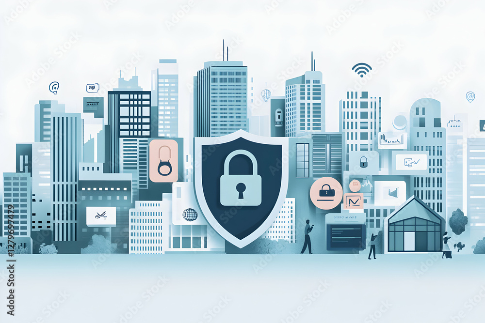 Poster cybersecurity in the city, protecting urban data and infrastructure with advanced digital security s