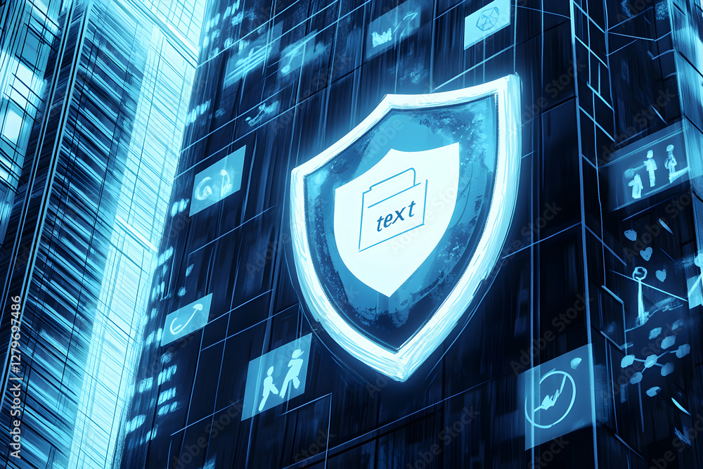 Poster cybersecurity in the urban landscape, a modern skyscraper reflecting digital protection and data enc