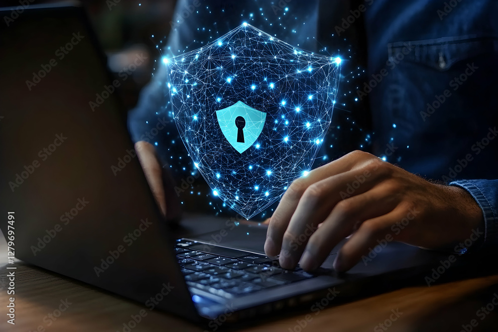 Poster cybersecurity measures depicted through digital shield and keyhole on laptop screen, symbolizing dat
