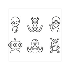 Alien icons. Set of 6 Alien trendy minimal icons. Example: UFO, alien waving, Saturn, alien spaceship, Ray gun. Design signs for web page, mobile app, packaging design. Vector illustration.