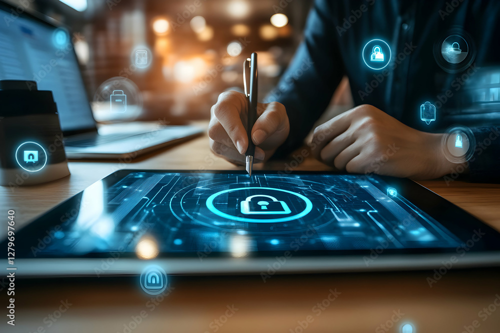 Poster cybersecurity strategy being developed on digital tablet by professional, focusing on data protectio