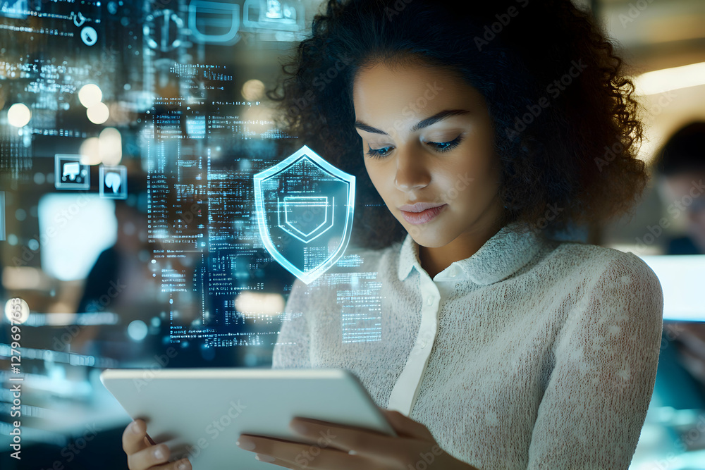 Poster cybersecurity professional, young woman securing digital data on tablet with advanced encryption tec