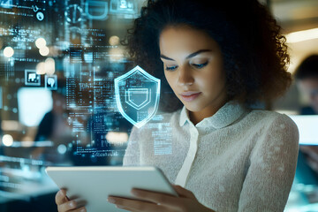 Cybersecurity Professional, Young Woman Securing Digital Data on Tablet with Advanced Encryption Technology and Biometric Authentication in a Modern Office Environment