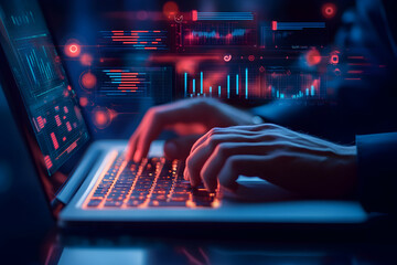 Data analysis and financial strategy, Man typing on laptop with futuristic interface, showcasing business insights and technology innovation to boost economy