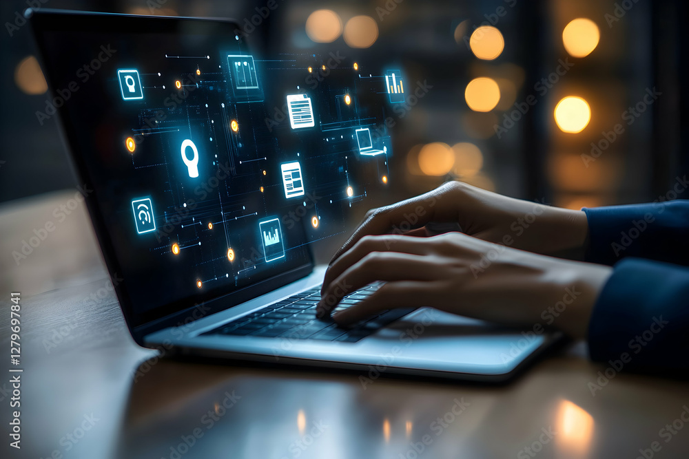 Poster data security specialist working on a laptop, using the cloud network to securely share documents an