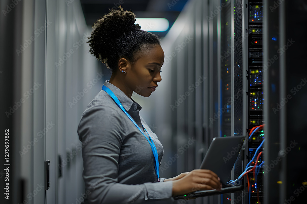 Poster dedicated it professional monitoring server performance with laptop in data center, ensuring optimal