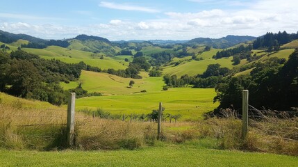 A bright green pasture with rolling hills, the open sky creating a peaceful setting.