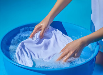 Delicate care, Woman gently handwashing a white shirt in a basin filled with soapy water, emphasizing the importance of gentle fabric treatment and cleaning