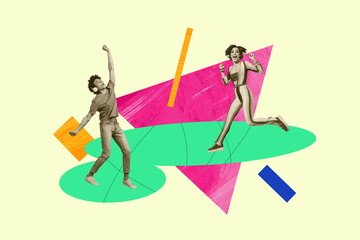 Exclusive sketch collage of two happy girl guy dance together weekend party celebration event listen music headphones disco