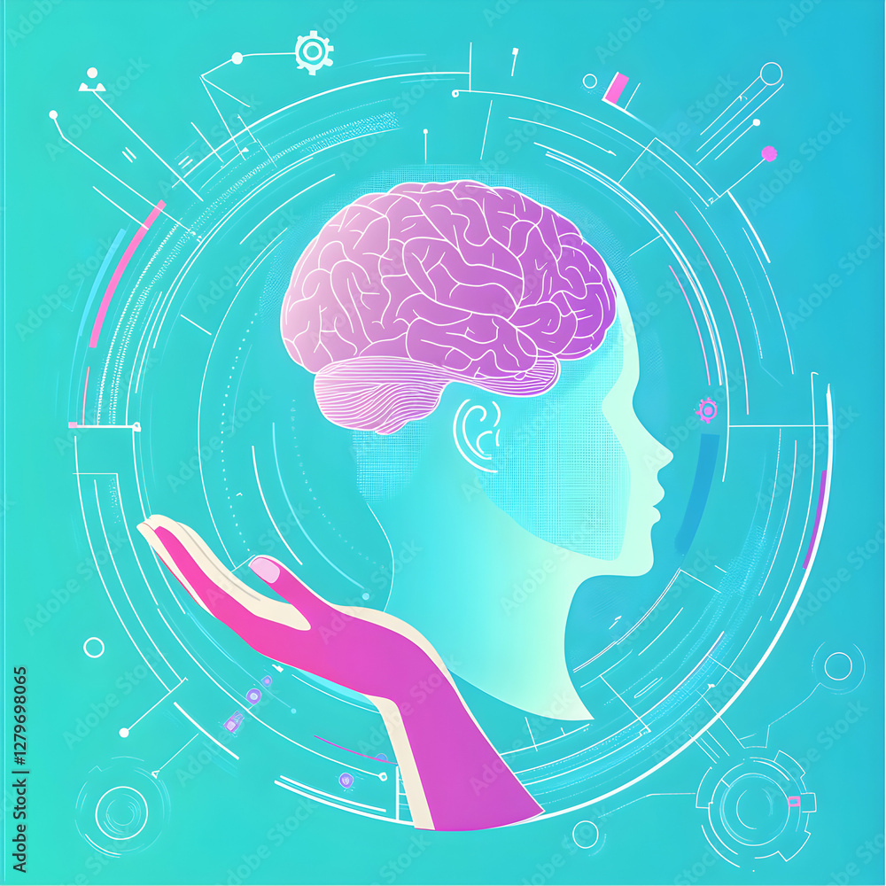Poster digital mind, abstract illustration representing artificial intelligence, cognitive function and hum