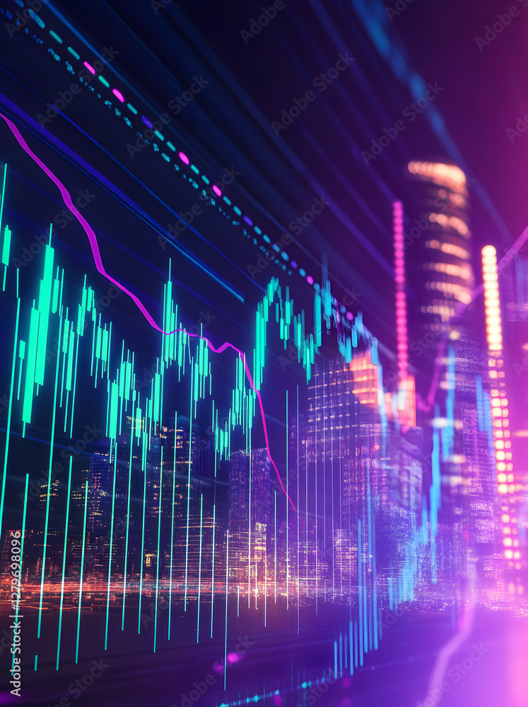 Poster dynamic financial analysis visual, abstract cityscape and stock market data fusion for investment in