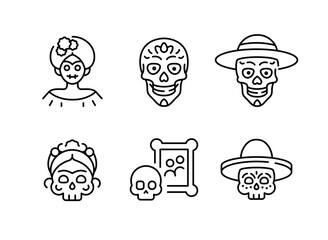 Dia de Muertos icons. Set of 6 Day of the Dead-themed trendy minimal icons. Sugar Skull, Marigold Flower, Sombrero, Skull Candle icon. Design signs for web pages, apps. Vector illustration