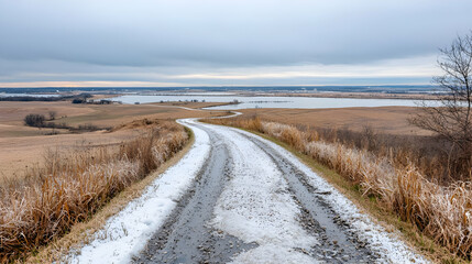 Fototapeta premium Winding snowy road overlooking winter lake