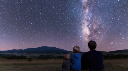 Family admires Milky Way in mountains at night