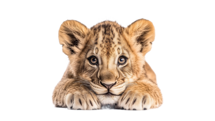 Baby lion resting on white background