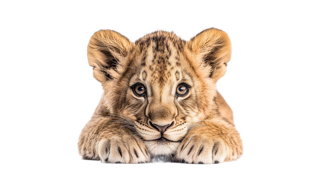 Baby lion resting on white background