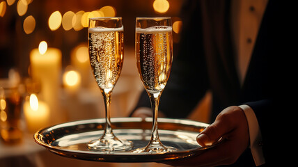Bubbling glasses of champagne are served by a tuxedoed waiter at a candlelit event, adding elegance to the celebration.