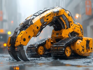 Fototapeta premium A robotic exoskeleton helps workers lift heavy machinery. Sci-fi yet realistic, ultra-detailed textures. Futuristic, powerful—ideal for ads engineering innovations or future labor automation articles.