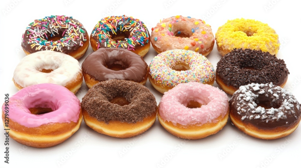 Poster assorted colorful donuts arranged in a neat row, showcasing various toppings and flavors