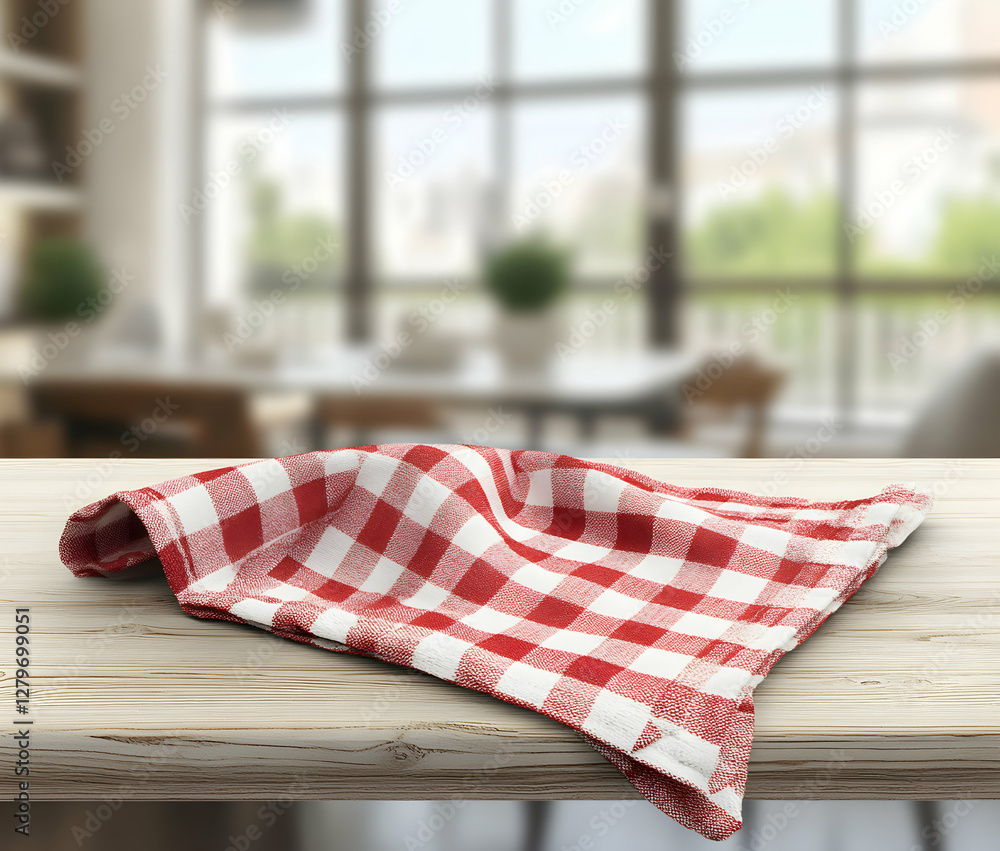 Poster elegant display featuring a red and white checkered tablecloth gracefully draped on a wooden table a