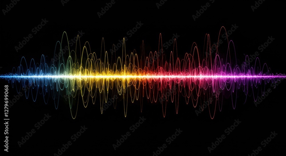 Poster vibrant sound spectrum: a dynamic visualization of sound waves in a spectrum of vivid colors, repres