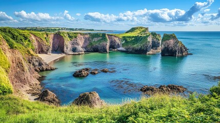 Fototapeta premium A deep coastal bay with dramatic cliffs and a secluded beach nestled in the cove.