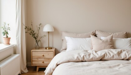 Fototapeta premium Cozy Minimalist Bedroom with Neutral Tones and Soft Textiles for Relaxation and Comfort
