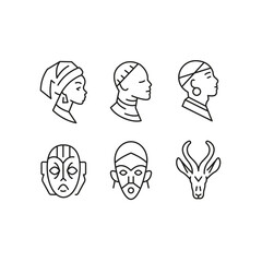 Africa masks icons. Set of 6 trendy minimal icons. Example: traditional mask, tribal figures, drum, woman with headwrap. Design signs for web page, mobile app, packaging design. Vector illustration.