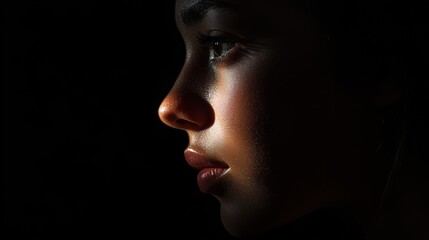 Close-up profile of a young woman's face in shadow