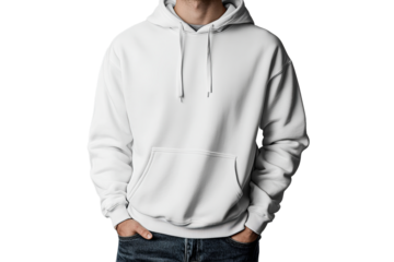 Man wearing a blank white hoodie in casual pose