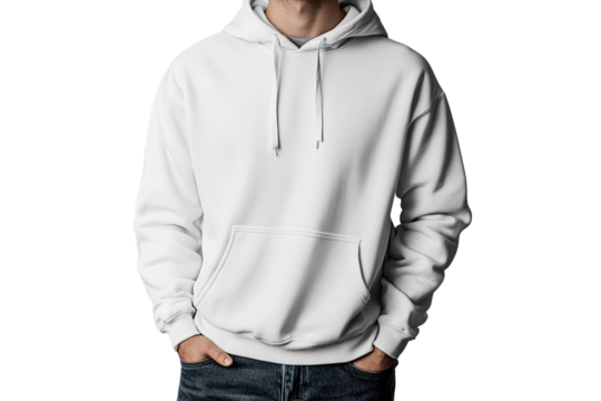 Man wearing a blank white hoodie in casual pose
