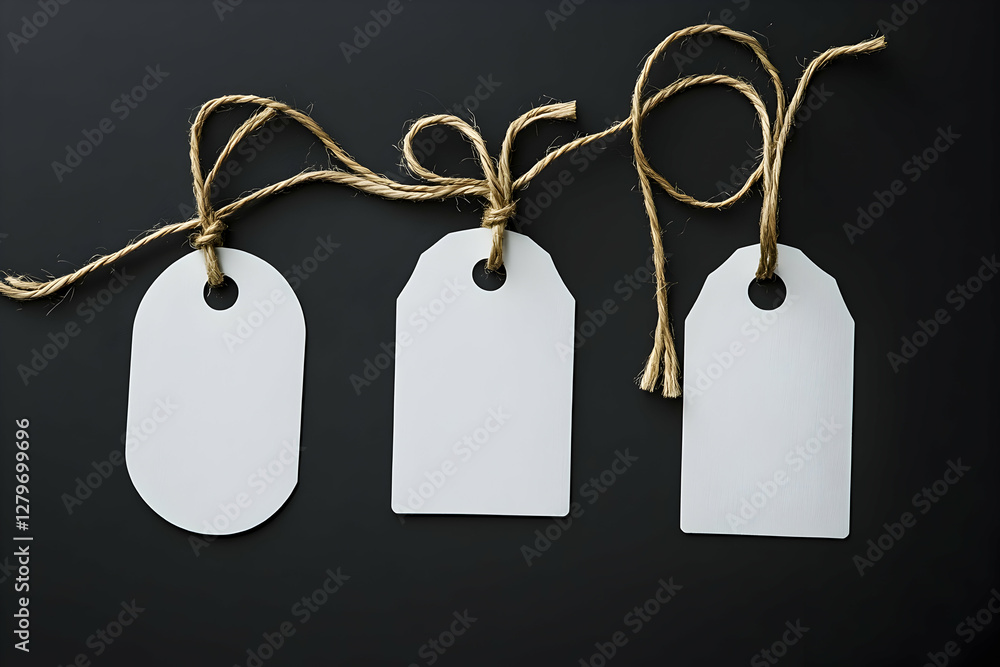 Aufkleber elegant presentation of three white price tags with jute strings on a dark gray background creating 