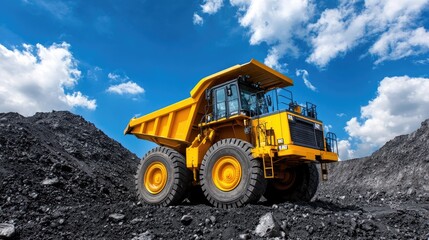 Obraz premium Yellow mining truck on coal pile under blue sky
