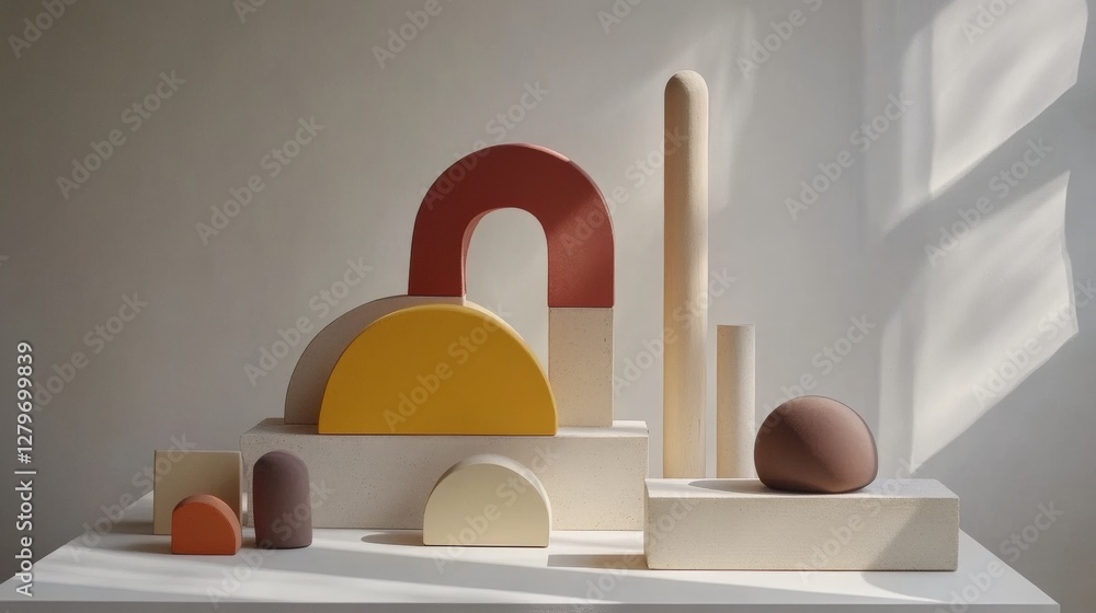 Poster abstract arrangement of geometric shapes in warm colors on a minimalist display table