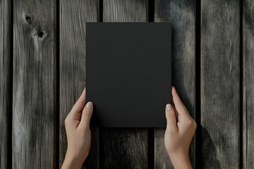 Naklejka premium Elegant Presentation, Woman's Hands Holding a Black Card Against a Rustic Wood Backdrop, Perfect for Mockups and Design Elements for Various Creative Projects