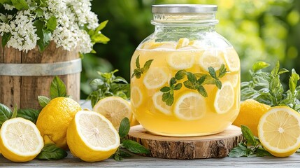 Refreshing lemonade in jar, garden setting