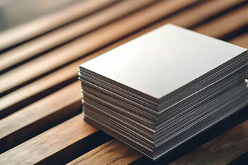 Elegant stack of blank white cards on a textured wooden surface, perfect for showcasing branding or design projects with a minimalist and professional aesthetic