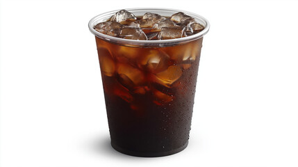 A plastic cup of iced coffee with a straw, against a white background, in high-resolution photography.